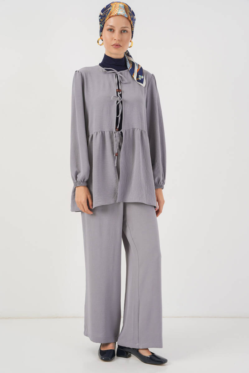 Kadın Önü Bağcıklı Tunik Pantolon İkili Takım 6744 - Gri - BİGDART