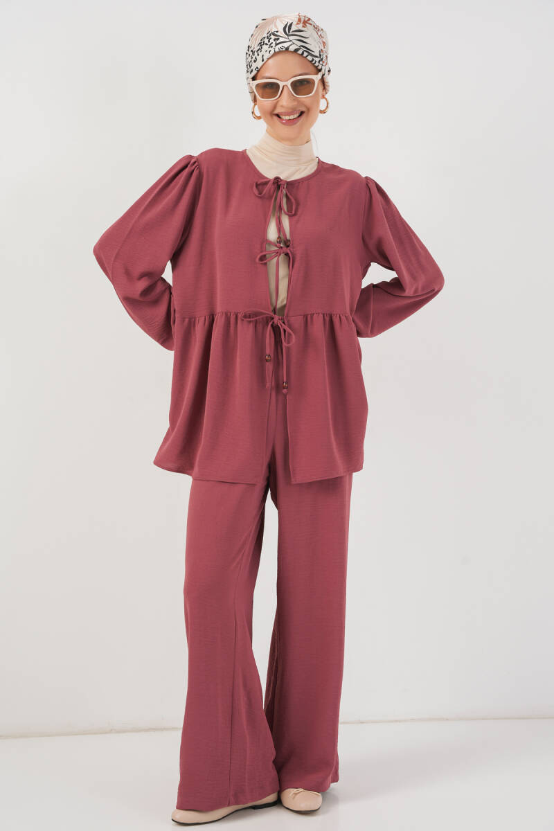 Kadın Önü Bağcıklı Tunik Pantolon İkili Takım 6744 - Gül Kurusu - BİGDART