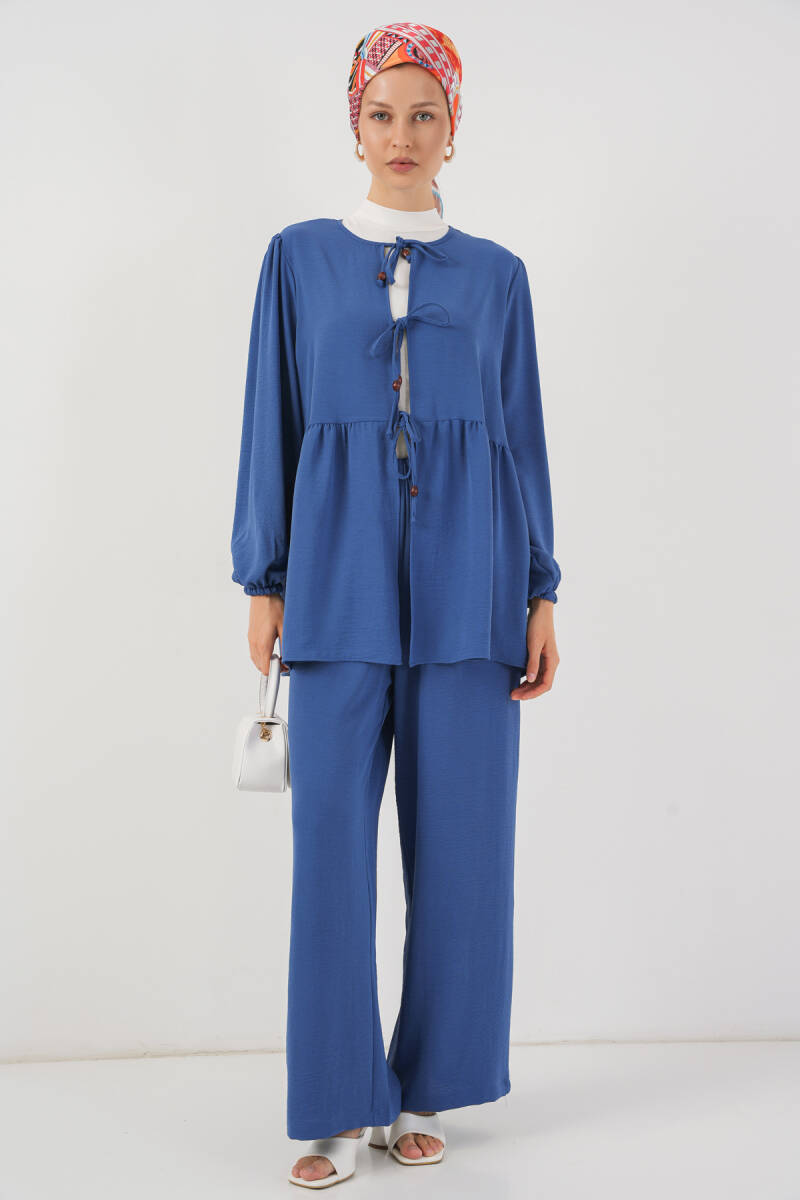 Kadın Önü Bağcıklı Tunik Pantolon İkili Takım 6744 - İndigo - BİGDART