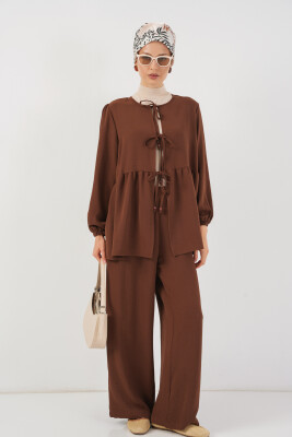 Kadın Önü Bağcıklı Tunik Pantolon İkili Takım 6744 - Kahverengi 