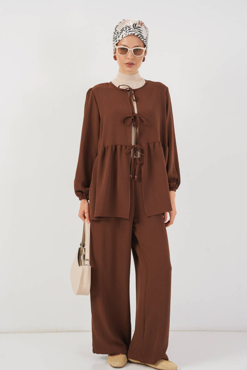 Kadın Önü Bağcıklı Tunik Pantolon İkili Takım 6744 - Kahverengi - BİGDART