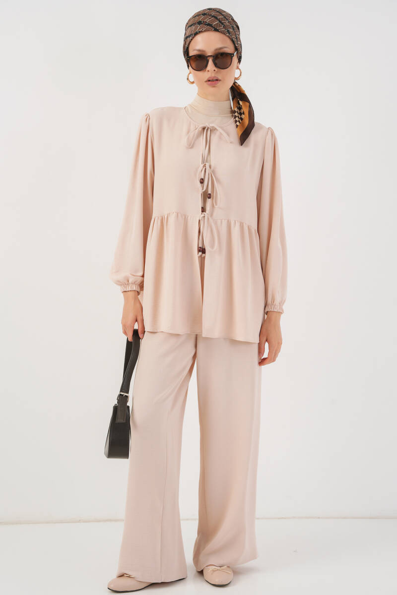 Kadın Önü Bağcıklı Tunik Pantolon İkili Takım 6744 - Krem - BİGDART