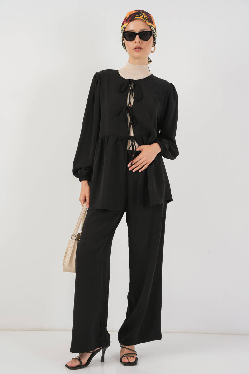 Kadın Önü Bağcıklı Tunik Pantolon İkili Takım 6744 - Siyah - BİGDART