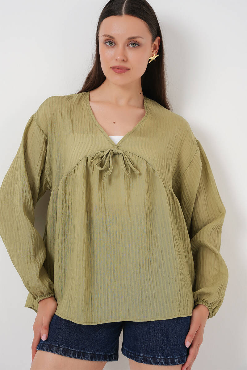Kadın Önü Bağcıklı Uzun Kol Bluz 946 - Çağla - BİGDART