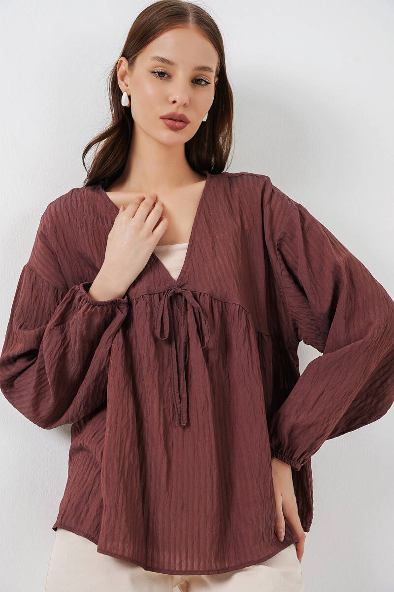 Kadın Önü Bağcıklı Uzun Kol Bluz 946 - Kahverengi - BİGDART