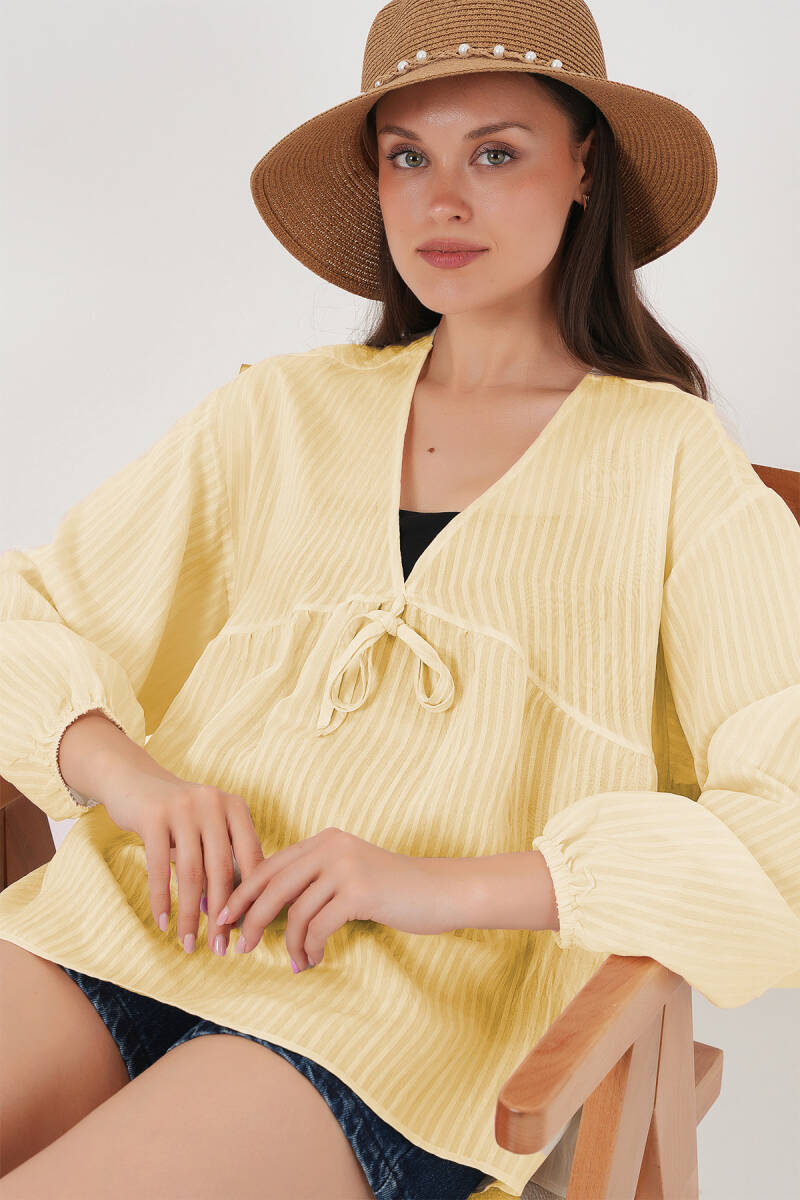 Kadın Önü Bağcıklı Uzun Kol Bluz 946 - Sarı - BİGDART