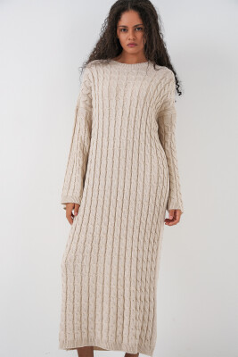 Kadın Örgülü Uzun Tiko Elbise 15944 - Krem 