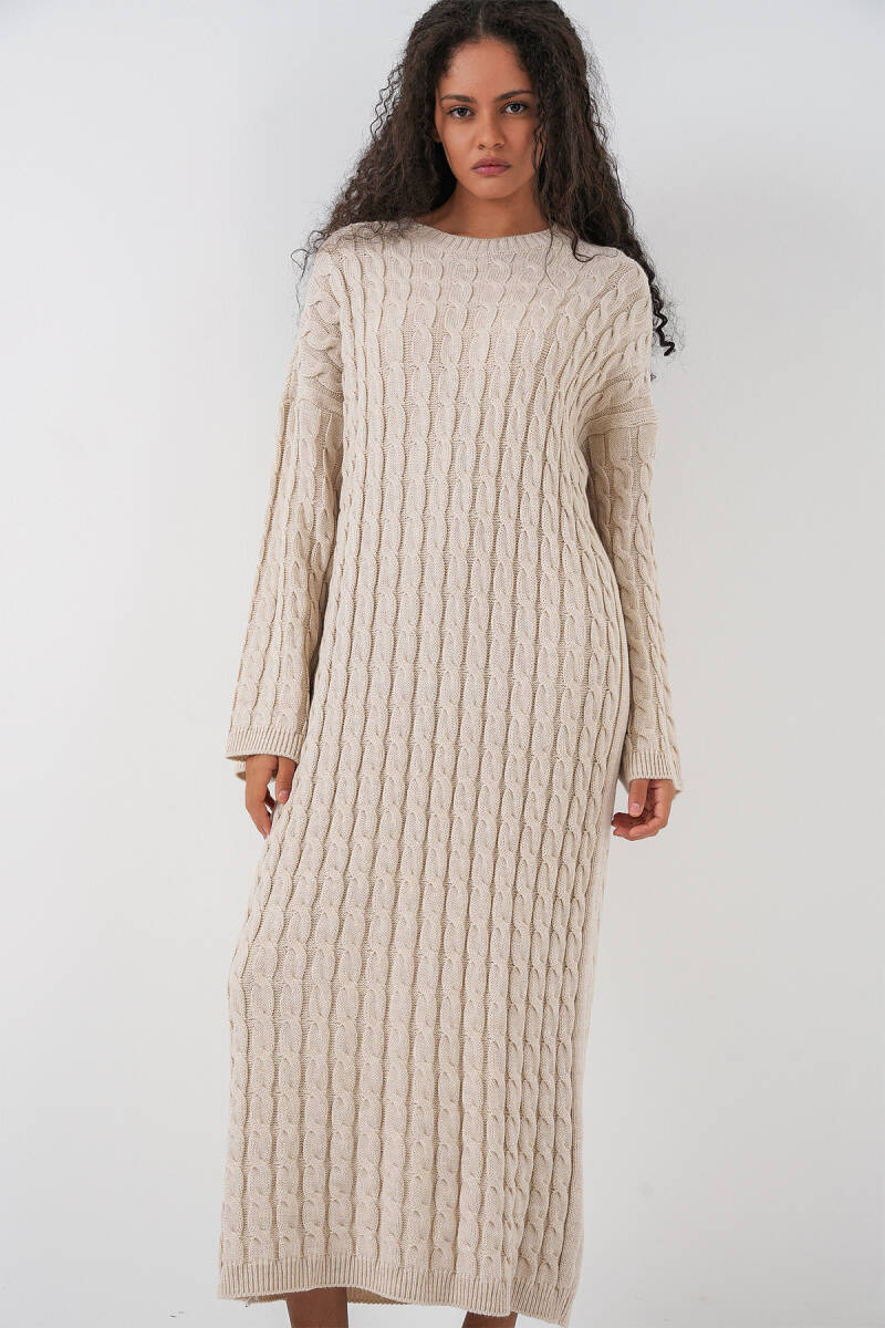 Kadın Örgülü Uzun Tiko Elbise 15944 - Krem - BİGDART