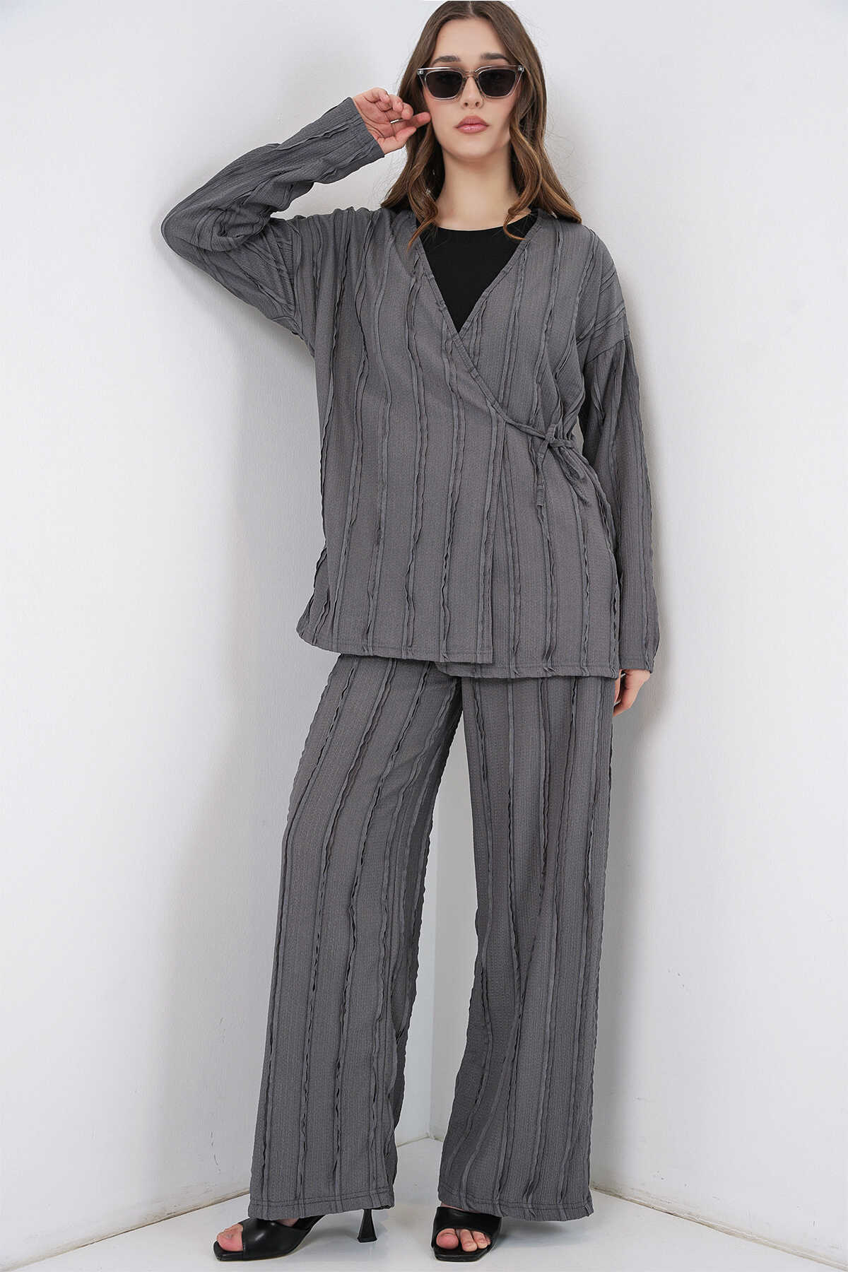 Kadın Örme Kimono Pantolon İkili Takım 30067 - Gri - 1
