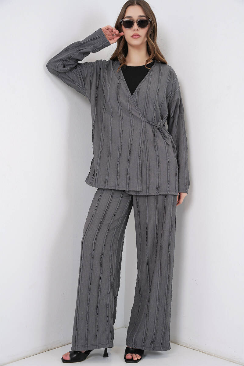 Kadın Örme Kimono Pantolon İkili Takım 30067 - Gri - BİGDART