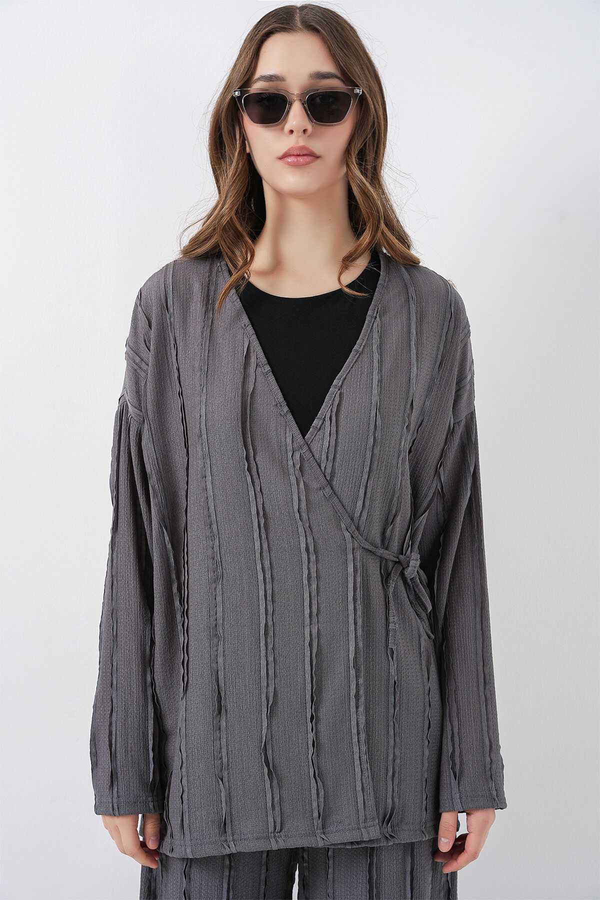 Kadın Örme Kimono Pantolon İkili Takım 30067 - Gri - 2