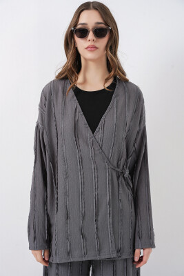 Kadın Örme Kimono Pantolon İkili Takım 30067 - Gri - 2