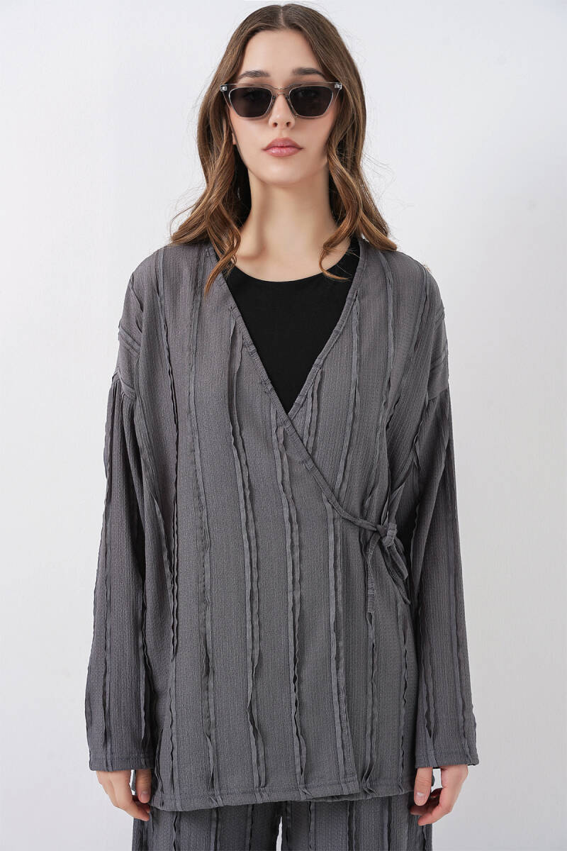 Kadın Örme Kimono Pantolon İkili Takım 30067 - Gri (1)