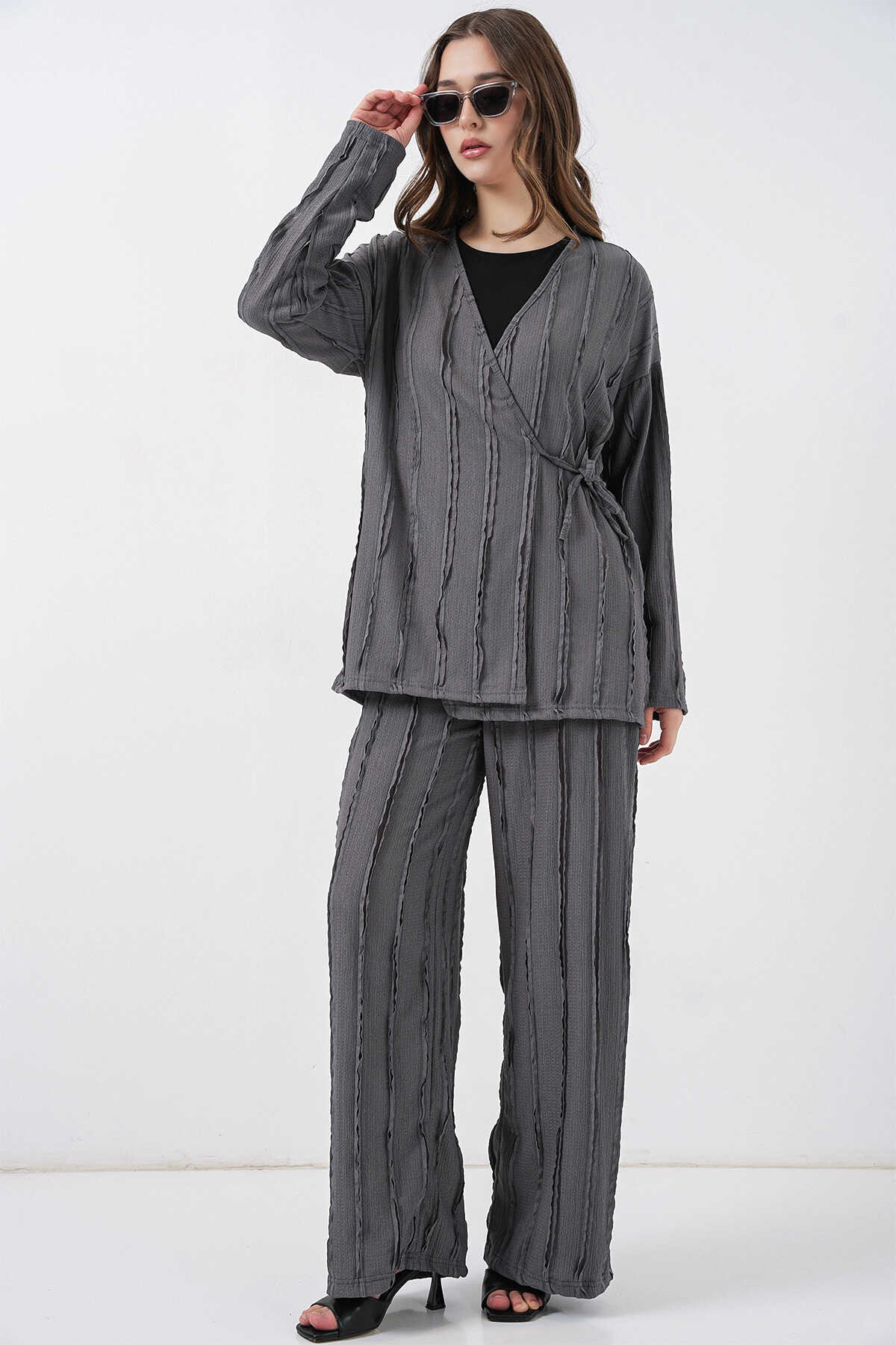 Kadın Örme Kimono Pantolon İkili Takım 30067 - Gri - 3
