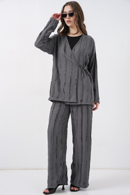 Kadın Örme Kimono Pantolon İkili Takım 30067 - Gri - 3