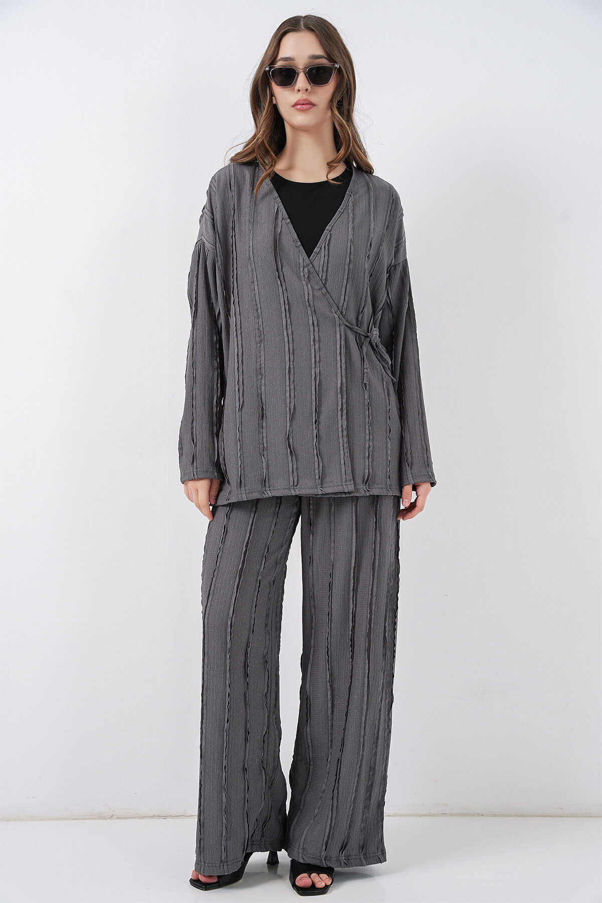 Kadın Örme Kimono Pantolon İkili Takım 30067 - Gri - 4