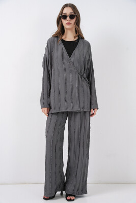 Kadın Örme Kimono Pantolon İkili Takım 30067 - Gri - 4