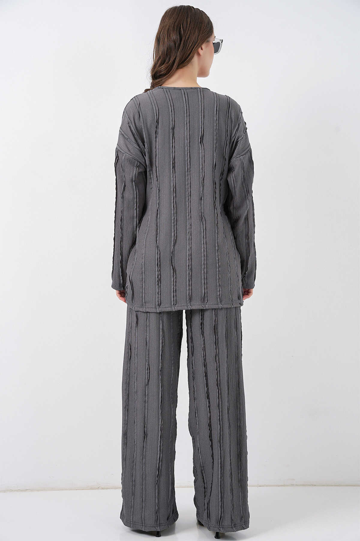 Kadın Örme Kimono Pantolon İkili Takım 30067 - Gri - 6