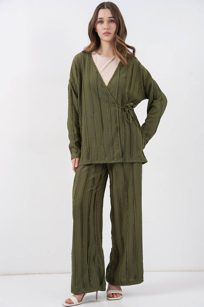 Kadın Örme Kimono Pantolon İkili Takım 30067 - Haki - BİGDART