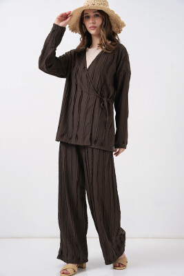 Kadın Örme Kimono Pantolon İkili Takım 30067 - Kahverengi - BİGDART