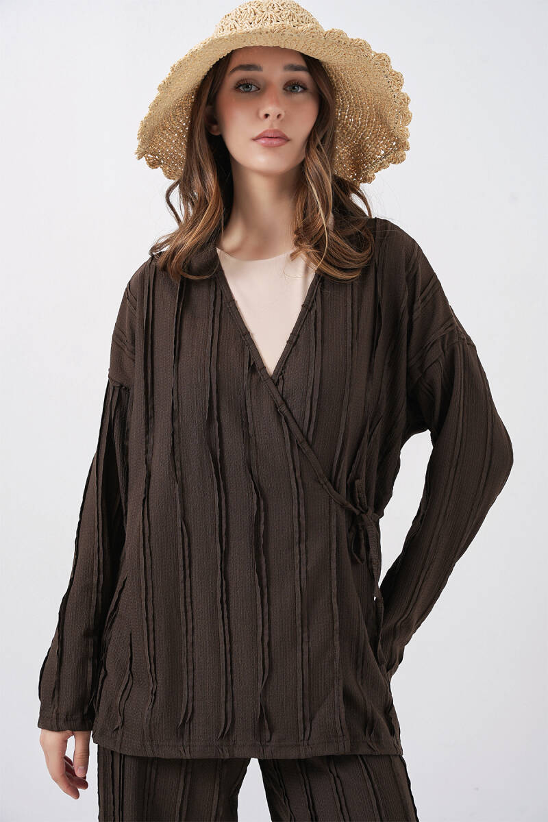 Kadın Örme Kimono Pantolon İkili Takım 30067 - Kahverengi (1)