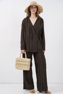 Kadın Örme Kimono Pantolon İkili Takım 30067 - Kahverengi - 3