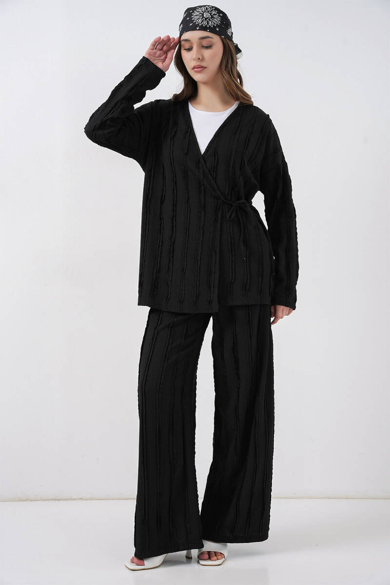 Kadın Örme Kimono Pantolon İkili Takım 30067 - Siyah - BİGDART