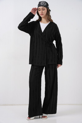 Kadın Örme Kimono Pantolon İkili Takım 30067 - Siyah - BİGDART