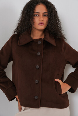 Kadın Oversize Astarlı Kısa Kaşe Ceket 0726 - Kahverengi - 1