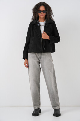 Kadın Oversize Astarlı Kısa Kaşe Ceket 0726 - Siyah - 2
