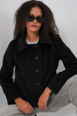 Kadın Oversize Astarlı Kısa Kaşe Ceket 0726 - Siyah - 3