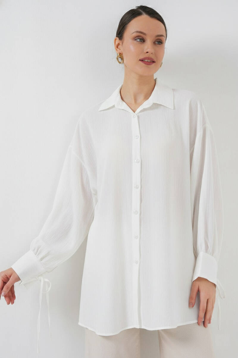 Kadın Oversize Bağcıklı Gömlek 5954 - Beyaz - BİGDART