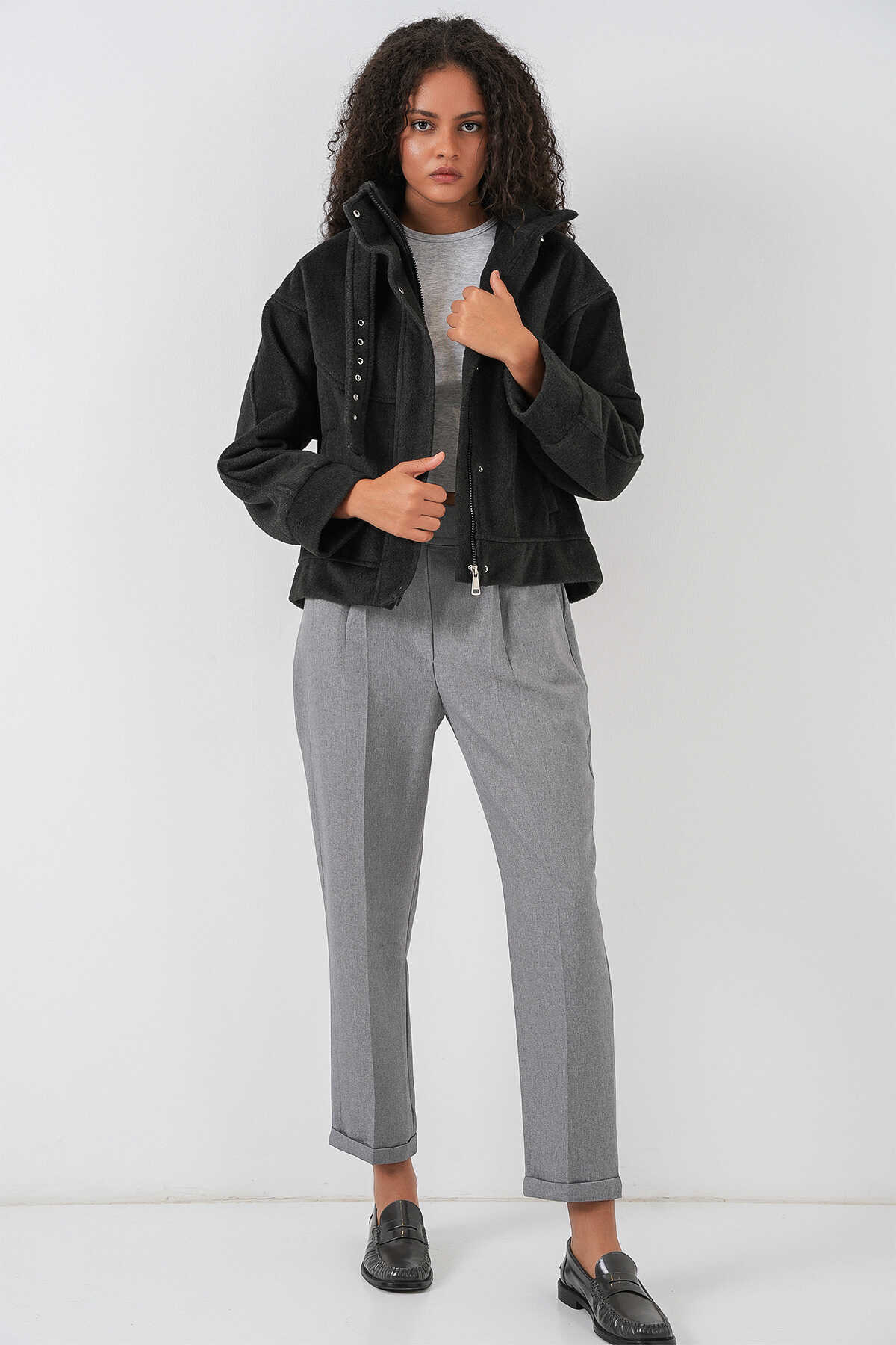 Kadın Oversize Bomber Ceket 0729 - Antrasit - 2