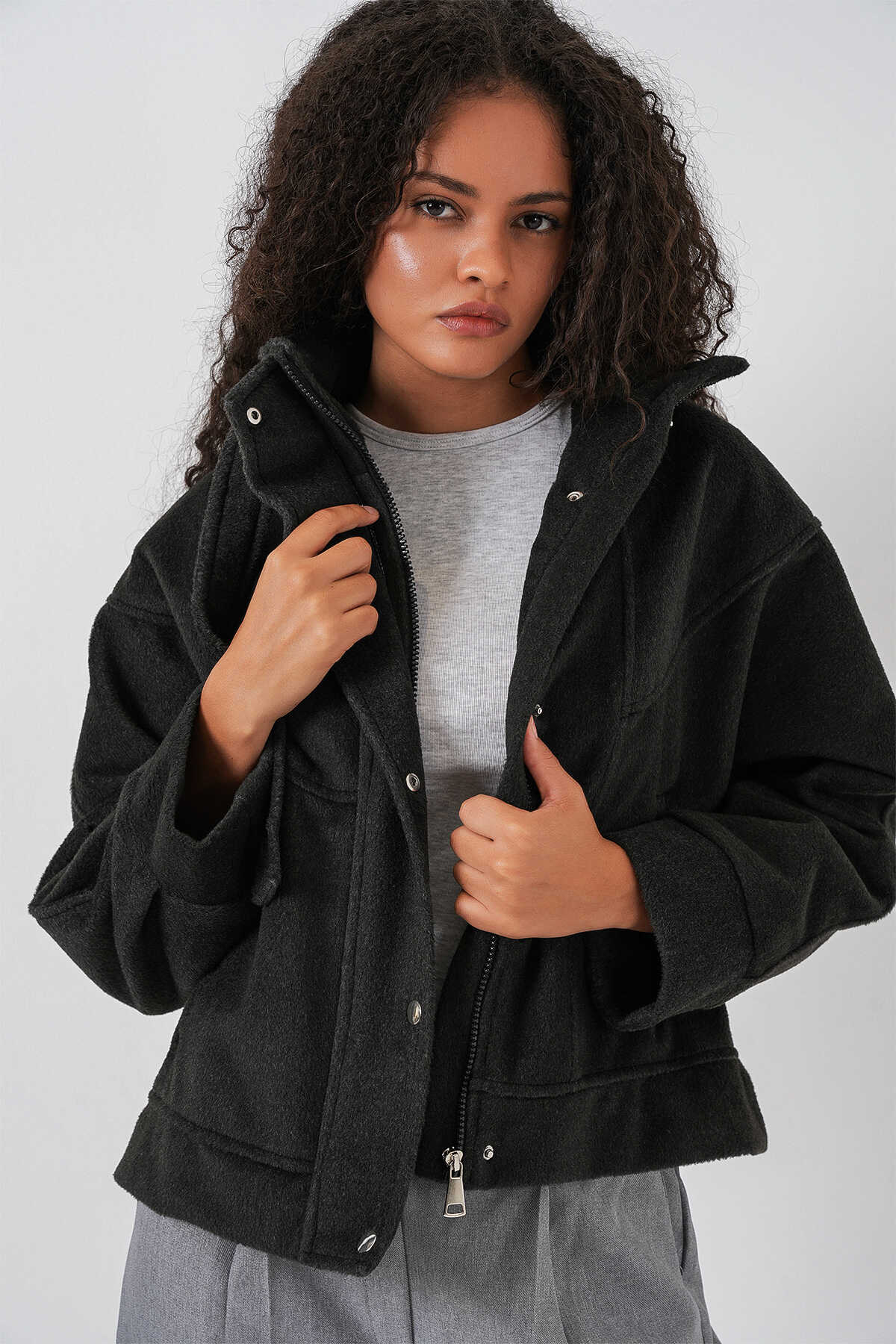 Kadın Oversize Bomber Ceket 0729 - Antrasit - 3