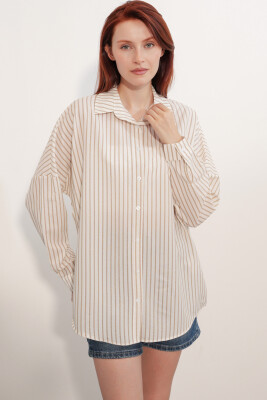 Kadın Oversize Çizgili Gömlek 20412 - Kahverengi - 1