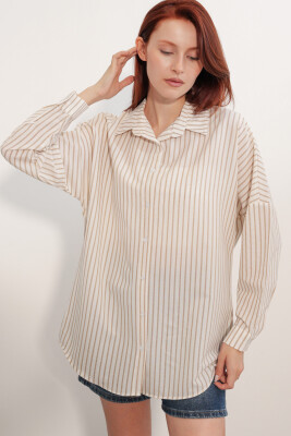 Kadın Oversize Çizgili Gömlek 20412 - Kahverengi - 3