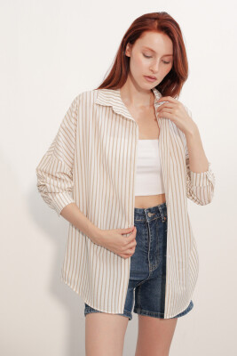 Kadın Oversize Çizgili Gömlek 20412 - Kahverengi - 4