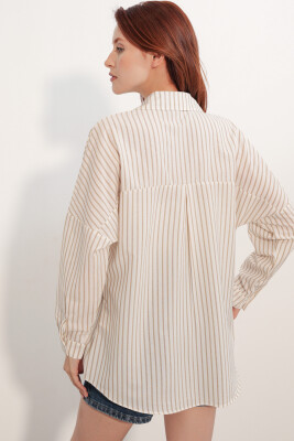 Kadın Oversize Çizgili Gömlek 20412 - Kahverengi - 6