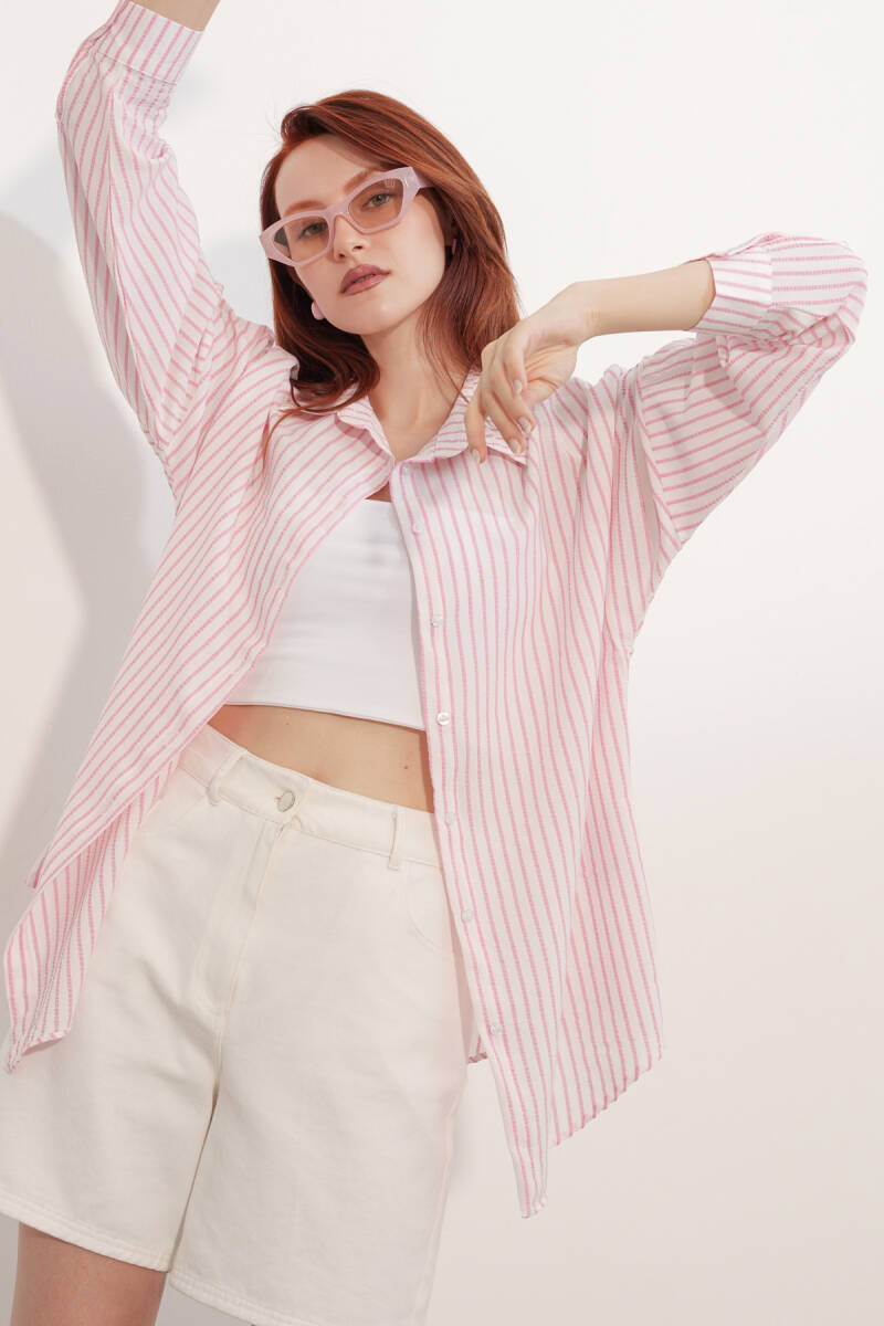 Kadın Oversize Çizgili Gömlek 20412 - Pembe