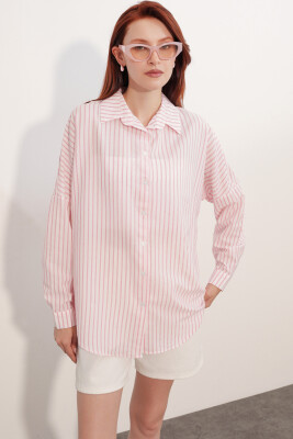 Kadın Oversize Çizgili Gömlek 20412 - Pembe - 3