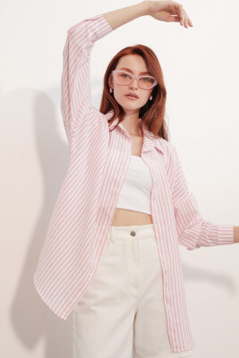 Kadın Oversize Çizgili Gömlek 20412 - Pembe - 4