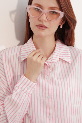 Kadın Oversize Çizgili Gömlek 20412 - Pembe - 5