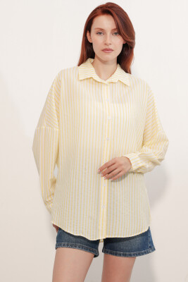 Kadın Oversize Çizgili Gömlek 20412 - Sarı - 3