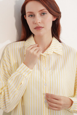 Kadın Oversize Çizgili Gömlek 20412 - Sarı - 5