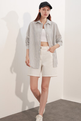 Kadın Oversize Çizgili Gömlek 20412 - Siyah - 2
