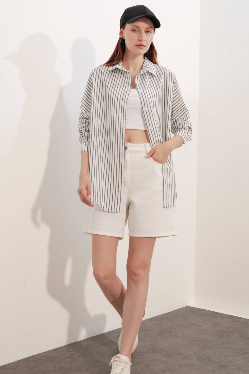 Kadın Oversize Çizgili Gömlek 20412 - Siyah (1)