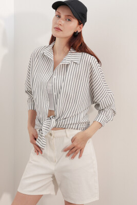 Kadın Oversize Çizgili Gömlek 20412 - Siyah - 3