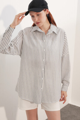 Kadın Oversize Çizgili Gömlek 20412 - Siyah - 4