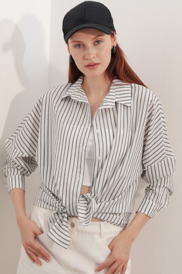 Kadın Oversize Çizgili Gömlek 20412 - Siyah - 5