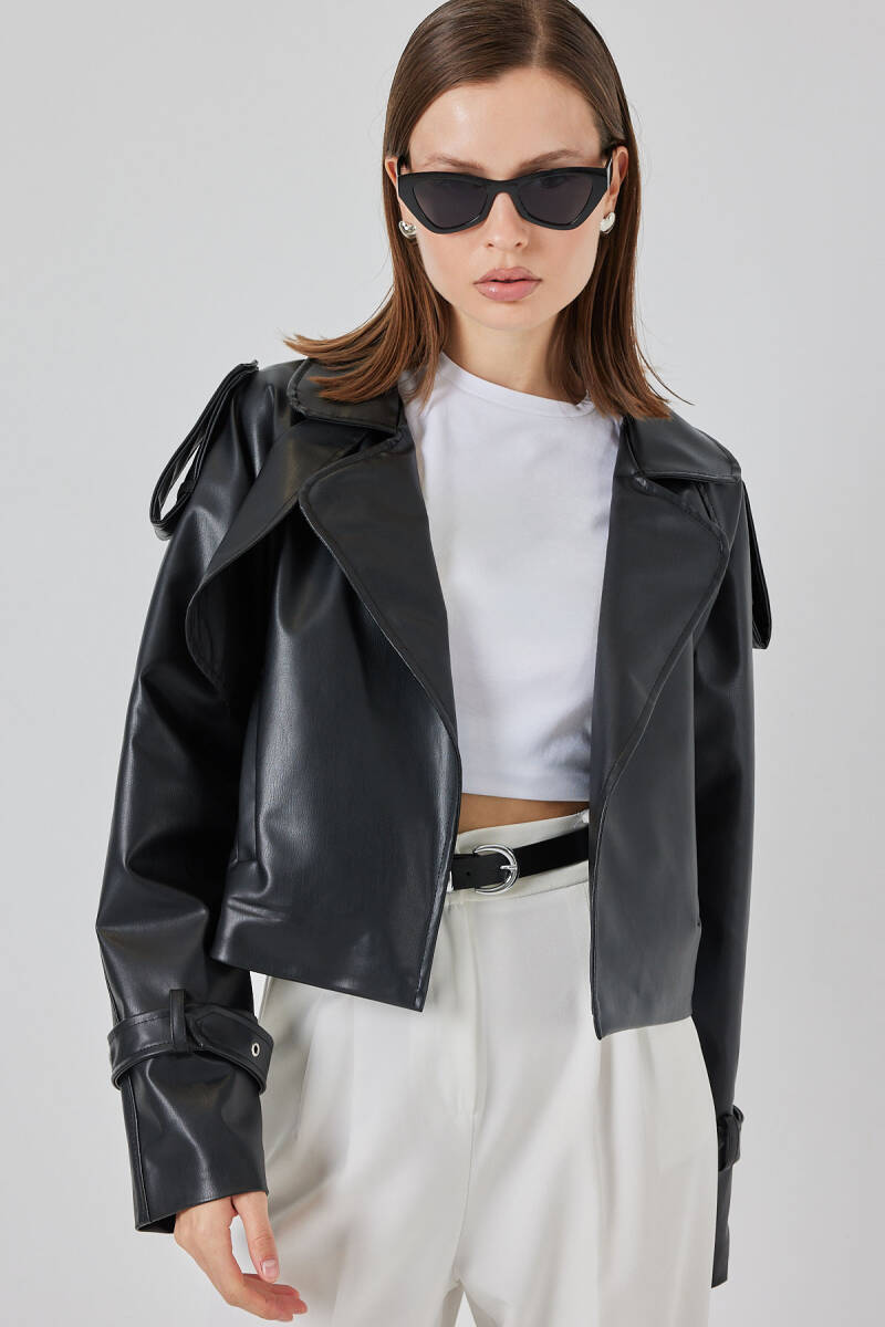 Kadın Oversize Deri Mont Ceket 1047 - Siyah - BİGDART